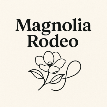 Magnolia Rodeo Logo - Black line logo of a magnolia flower and the words Magnolia Rodeo on a cream background